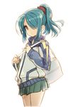  bad_id bad_pixiv_id bag blue_hair crossdressing hair_over_one_eye halogen_(canal00) inazuma_eleven inazuma_eleven_(series) jacket kazemaru_ichirouta long_hair male_focus otoko_no_ko ponytail red_eyes skirt solo 