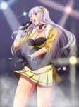  beyond_the_nobles breasts choker cleavage gloves idolmaster idolmaster_(classic) large_breasts long_hair microphone pleated_skirt red_eyes shijou_takane silver_hair skirt solo stage_lights toki_(tokihakashi) 