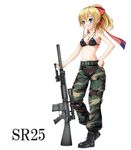  america american_flag bikini_top blonde_hair blue_eyes boots camouflage camouflage_pants copyright_request dog_tags fatigues flag_print gun hair_ribbon m81_woodland_(camo) military_operator navel no_shirt pants ponytail print_ribbon ribbon rifle scope sniper_rifle solo sr-25 suppressor taiyou_(tori_no_su_studio) weapon woodland_pattern 