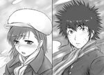  1girl coat fur_hat greyscale hat kamijou_touma kuontendou misaka_mikoto monochrome scarf tears to_aru_majutsu_no_index winter_clothes 