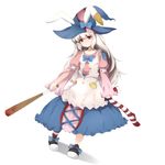  animal_ears apron bad_id bad_pixiv_id baseball_bat blood bow bunny_ears hat irisu_kyouko irisu_shoukougun! long_hair mizukami_ryouma nail nail_bat red_eyes solo striped striped_legwear thighhighs white_hair 