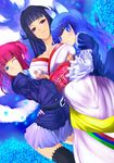  animal_ears black_hair black_legwear blue_eyes blue_hair breasts cat_ears cat_tail dress featherine_augustus_aurora flower frederica_bernkastel frills hair_bobbles hair_ornament highres japanese_clothes large_breasts long_hair multiple_girls pleated_skirt red_hair ribbon rose skirt tail thighhighs twintails umineko_no_naku_koro_ni ushiromiya_ange zettai_ryouiki 