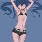  armpits belt bikini_top black_rock_shooter black_rock_shooter_(character) closed_eyes flat_chest hip_bones long_hair makacoon midriff navel ribs short_shorts shorts skinny solo thigh_gap 