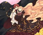  1girl beatrice blonde_hair blue_eyes bow cape dress flower hair_ornament jewelry konoji pink_bow red_hair ribbon ring umineko_no_naku_koro_ni ushiromiya_battler wedding_ring 