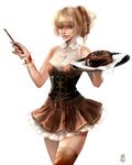  :q blonde_hair brown brown_legwear cake corset dress food highres knife licking_lips liu_shuang_fei looking_at_viewer original pastry simple_background solo thighhighs tongue tongue_out white_background 