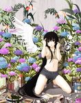  art_brush banned_artist black_eyes black_hair denim denim_shorts floral_print flower kneeling long_hair midriff nacht oekaki_musume original paint paint_can paintbrush painting plant shorts solo trim_brush very_long_hair wings 