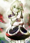  adjusting_hair arm_warmers blonde_hair bow dress green_eyes hair_bow mizuhashi_parsee mr.milk_caramel pale_skin pointy_ears scarf short_hair short_sleeves solo touhou 