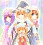  alice_margatroid arm_holding blonde_hair blue_eyes fang flandre_scarlet kirisame_marisa multiple_girls patchouli_knowledge purple_eyes purple_hair smilo touhou 