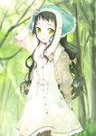  black_hair bonnet bow forest green_eyes hair_bow long_hair miyoshino nature original solo 