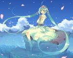  aqua_eyes aqua_hair bad_id bad_pixiv_id cloud day dress flower hands_clasped hatsune_miku long_hair merusuke own_hands_together petals sitting sky soaking_feet solo twintails very_long_hair vocaloid water 