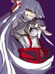 bow foreshortening fujiwara_no_mokou grin hair_bow hair_ribbon hands long_hair long_sleeves looking_down mochi_suki outstretched_arm outstretched_hand red_eyes ribbon silver_hair simple_background smile solo suspenders touhou 