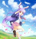  animal_ears bunny_ears bunny_tail long_hair looking_back mauve meadow open_mouth petals purple_hair red_eyes reisen_udongein_inaba salute skirt smile solo standing standing_on_one_leg tail touhou very_long_hair 