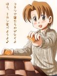  blush brown_eyes brown_hair food fruit fujimoto_atsuko highres kotatsu lielos mandarin_orange original short_hair solo sweater table 