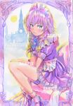  blue_eyes blush frills frown izayoi_sakuya knife leg_garter maid mayo_riyo purple_hair sad sample sitting solo touhou traditional_media v_arms 