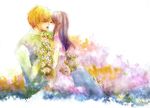  bella_swan blonde_hair brown_hair couple dress edward_cullen eyes_closed flower hug kiss sitting the_twilight_saga 