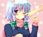  animal_ears bad_id bad_pixiv_id blue_eyes braid cheek_poking cresc-dol dog_ears izayoi_sakuya kemonomimi_mode one_eye_closed poking scarf short_hair silver_hair smile solo touhou twin_braids 