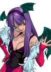 artist_request bat_wings breasts cleavage corset cosplay costume gaia_online headband long_hair lowres moira_(gaia_online) purple_hair smile tattoo wings yellow_eyes 