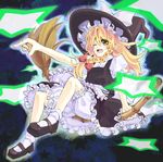  bad_id bad_pixiv_id blonde_hair bloomers braid broom broom_riding dress hair_ribbon hat kirisame_marisa long_hair mary_janes one_eye_closed open_mouth ribbon shoes soapwort socks solo star touhou underwear witch_hat yellow_eyes 