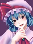 bad_id bad_pixiv_id blue_hair hand_on_own_face hat head_tilt open_mouth red_eyes remilia_scarlet short_hair smirk smug solo tottoto_tomekichi touhou tsurime 