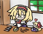  alice_margatroid arrow bespectacled blonde_hair bow_(weapon) chibi glasses heart lowres polearm shanghai_doll shield short_hair solo spear touhou weapon yanagi_(nurikoboshi) 