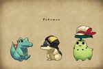  alternate_costume bad_id bad_pixiv_id black_eyes chikorita clothed_pokemon copyright_name cosplay creature cyndaquil gen_2_pokemon gold_(pokemon) gold_(pokemon)_(cosplay) hat kotone_(pokemon) kotone_(pokemon)_(cosplay) no_humans pokemon pokemon_(creature) pokemon_(game) pokemon_hgss sitting text_focus totodile 