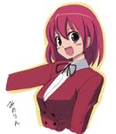  :d black_ribbon blazer blush buttons hair_between_eyes jacket kushieda_minori looking_at_viewer open_mouth outstretched_arm purple_eyes red_hair red_jacket ribbon school_uniform seo_tatsuya short_hair simple_background smile solo toradora! upper_body white_background 