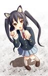  animal_ears black_hair brown_eyes cat_ears chunpai from_above highres k-on! long_hair nakano_azusa neck_ribbon paw_pose red_ribbon ribbon school_uniform solo twintails 