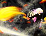  fire formal fujiwara_no_mokou highres long_hair multicolored_hair one_eye_closed outstretched_arm pant_suit red_eyes smile solo suit touhou umarutsufuri 