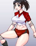  athletic black_hair blue_eyes breasts buruma character_request copyright_request elbow_pads female large_breasts lowres matagitii midriff oekaki ponytail source_request thighs 