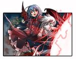  bad_id bad_pixiv_id battle blue_hair izayoi_sakuya magic multiple_girls no_hat no_headwear one_eye_closed open_mouth red_eyes remilia_scarlet shigure_(love_letter) silver_hair torn_clothes touhou wince wings 