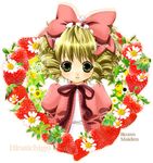  blonde_hair bow character_name copyright_name drill_hair food fruit green_eyes hina_ichigo nekoko_(eshi_quest) object_namesake pink_bow rozen_maiden short_hair strawberry 