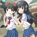  baozi black_hair blue_eyes brown_eyes buntan eating flower food hair_flower hair_ornament head_wreath long_hair midriff multiple_girls navel sakugawa_school_uniform saten_ruiko school_uniform serafuku short_hair skirt to_aru_kagaku_no_railgun to_aru_majutsu_no_index uiharu_kazari 