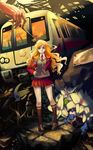  black_legwear blonde_hair blue_eyes flower ground_vehicle highres kneehighs legs loafers long_hair minigirl original realmbw school_uniform shoes skirt skull socks solo train 