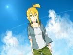  bad_id bad_pixiv_id blonde_hair camouflage cloud day ear_protection green_eyes iris_(material_sniper) jacket kurono_yuu material_sniper ponytail shirt short_ponytail sky sleeves_rolled_up solo sun 