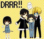  3boys black_hair bob_cut check_translation chibi durarara!! glasses heiwajima_shizuo koucha_(sorairo_boukenki) multiple_boys orihara_izaya ryuugamine_mikado school_uniform short_hair sonohara_anri sword translated translation_request weapon 