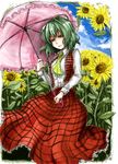  ascot flower green_hair head_tilt kazami_yuuka parasol plaid plaid_skirt plaid_vest red_eyes sakurai_haruto short_hair skirt skirt_set smirk solo sunflower touhou umbrella vest 