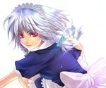  bad_id bad_pixiv_id braid fighting_stance hair_ribbon hairband izayoi_sakuya light lips maid maid_headdress red_eyes ribbon short_hair silver_hair solo sparkle squatting touhou twin_braids usui_hinagi 