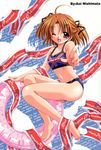  ;d ahoge barefoot bikini brown_hair copyright_name english feet flag_print flat_chest hair_ornament hairclip innertube jpeg_artifacts legs navel nishimata_aoi one_eye_closed open_mouth pink_eyes pointing print_bikini ribbon short_hair short_twintails sister_princess smile solo swimsuit tankini text_focus twintails union_jack yotsuba_(sister_princess) 