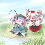  &gt;_&lt; chibi closed_eyes fang fishing fishing_rod highres holding holding_fishing_rod inubashiri_momiji kawashiro_nitori multiple_girls touhou two_side_up yume_shokunin 