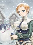  blue_eyes blue_hair breasts can coffee disgaea dress earrings elf inconvenient_breasts jewelry large_breasts long_hair mage_(disgaea) magic_knight_(disgaea) multiple_girls orange_hair pointy_ears ribbon short_hair shovel snow tamazen 