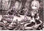  candelabra cup doughnut flower food highres hong_meiling izayoi_sakuya koakuma maid monochrome mouth_hold multiple_girls nobita one_eye_closed pastry patchouli_knowledge reading remilia_scarlet rose spot_color table tea_set teapot tiered_tray touhou tray 