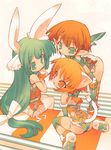  animal_ears bare_shoulders blade_(galaxist) bow bunny_ears cat_ears copyright_request fingerless_gloves gloves green_eyes green_hair highres multiple_girls orange_eyes orange_hair pointy_ears scan scan_artifacts shoes sitting sneakers tail thighhighs 