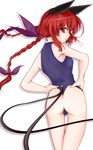  animal_ears ass back bad_id bad_pixiv_id braid butt_crack cat_ears cat_tail from_behind hair_ribbon hands_on_hips kaenbyou_rin long_hair looking_back multiple_tails one-piece_swimsuit red_eyes red_hair ribbon solo swimsuit tail tail_slit_clothes touhou twin_braids twintails wahara_romasa 