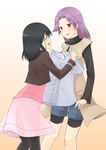  bike_shorts blush casual chabacha closed_eyes kajiki_yumi multiple_girls pantyhose purple_eyes purple_hair saki shopping short_hair shorts skirt smile touyoko_momoko 