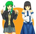  amagami ayatsuji_tsukasa bare_shoulders black_eyes black_hair cosplay costume_switch crossed_arms crossover detached_sleeves frog_hair_ornament green_eyes green_hair grey_skirt hair_ornament hikikorosuzoware japanese_clothes kibito_high_school_uniform kochiya_sanae long_hair long_sleeves multiple_girls open_mouth pleated_skirt school_uniform skirt sweater_vest touhou 