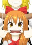  blonde_hair bow finger_in_mouth grin hair_bow head_out_of_frame horns ibuki_suika kirisame_marisa kuro_oolong multiple_girls orange_hair smile touhou 