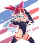  arm_blade blade blue_eyes breasts earrings gloves highres jewelry large_breasts mugen_no_fantasia pointy_ears red_hair ryoji_(nomura_ryouji) scarf solo spiked_gloves spikes thighhighs twintails weapon 