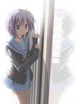  bangs brown_eyes cardigan door grey_hair kita_high_school_uniform nagato_yuki reflection school_uniform serafuku short_hair solo suzumiya_haruhi_no_yuuutsu yuzuhara902 