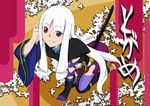  adjusting_hair heterochromia katana katanagatari long_hair solo sword tenzen_miyabi thighhighs togame weapon white_hair 