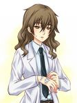  bags_under_eyes bandaid belt brown_eyes brown_hair kiyama_harumi labcoat long_hair necktie piku simple_background solo sweatdrop to_aru_kagaku_no_railgun to_aru_majutsu_no_index 